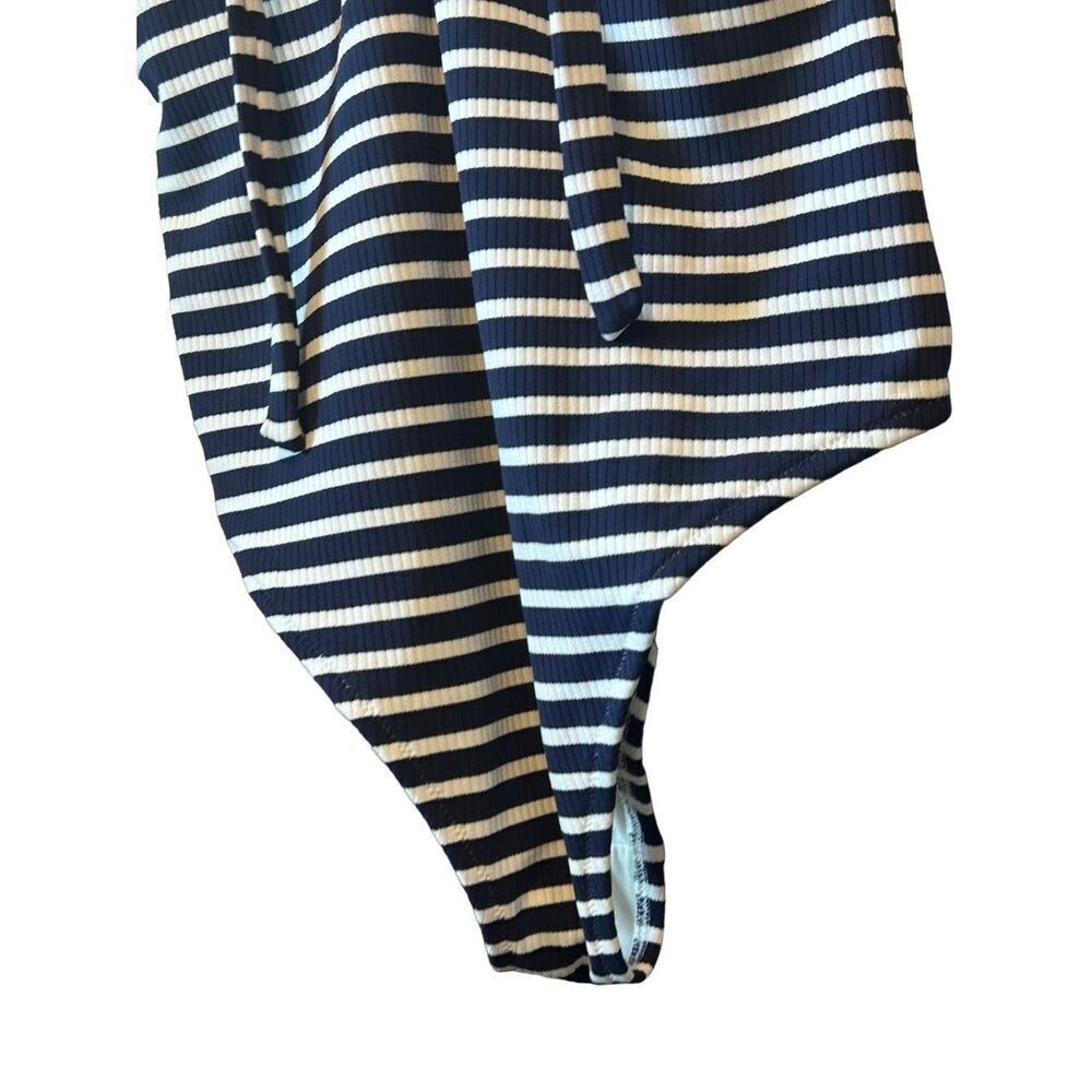 Aerie One Piece Swimsuit Womens Small Long Navy White Striped Lace Up Ribbed EX - Picture 2 of 5